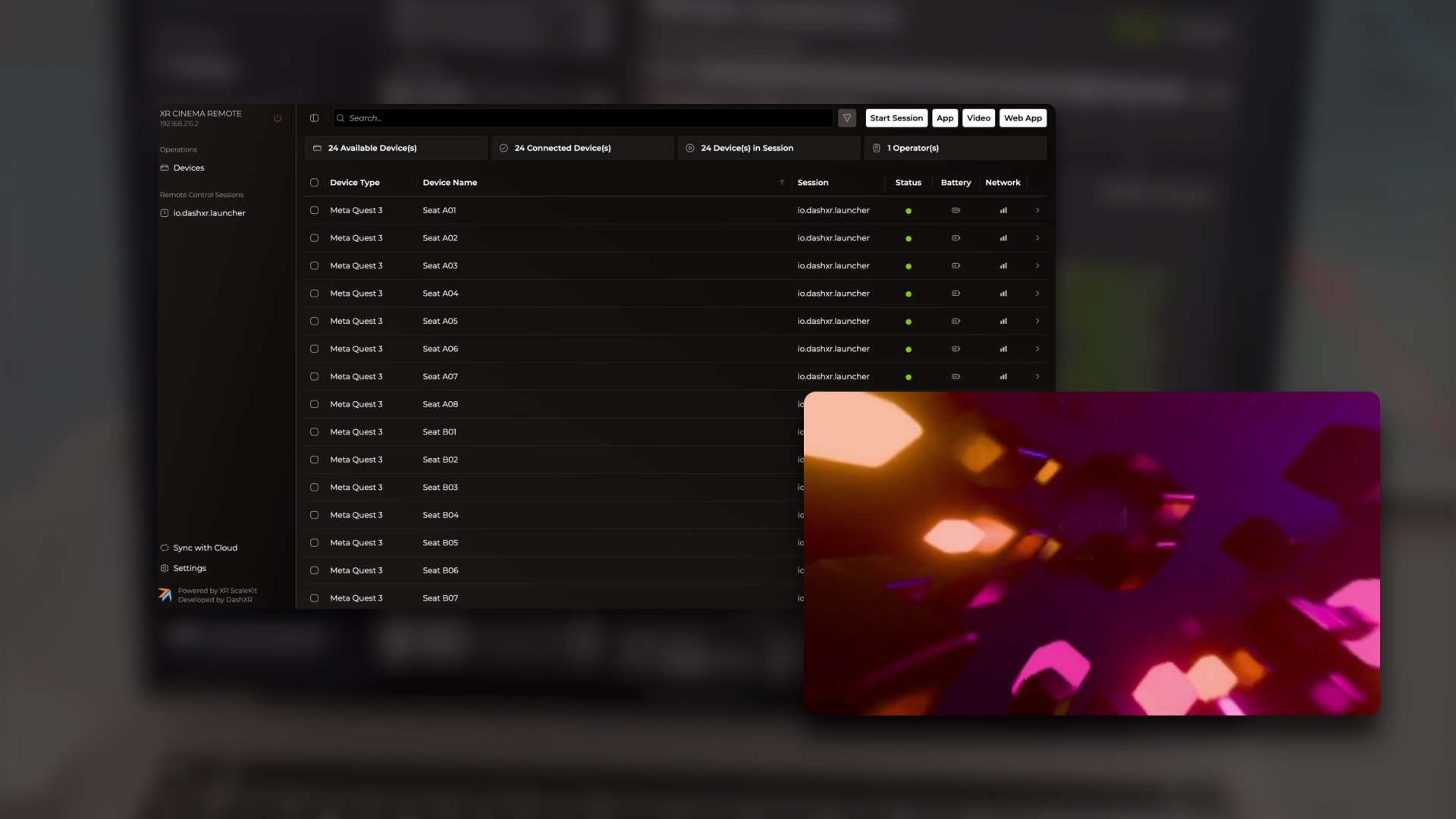 The Cinema Remote dashboard listing 24 connected headsets, with a headset view of a 360° film playing in front of it